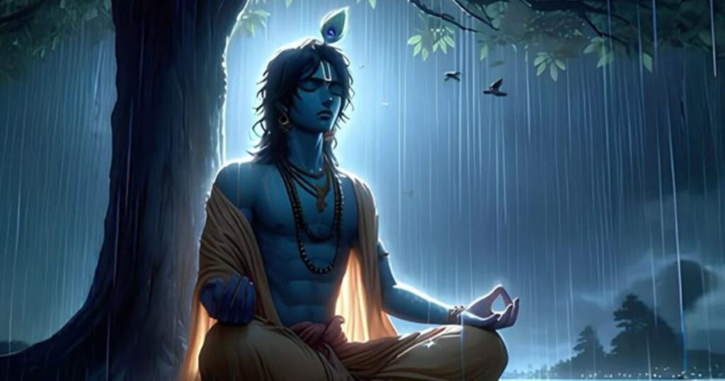 Lord Krishna meditating in nature – Hare Krishna World spiritual About Us image
