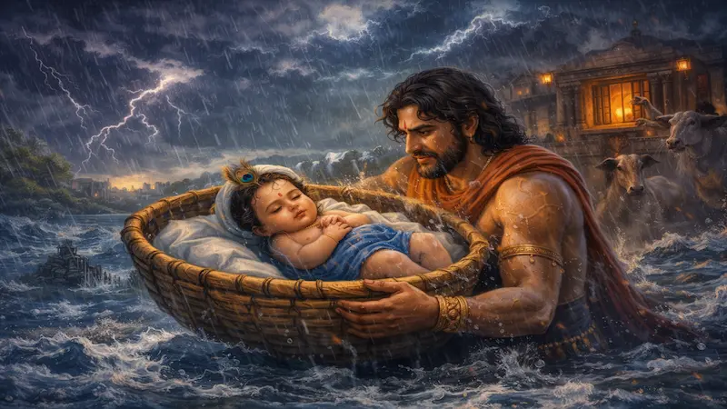 lord krishna birth mathura vasudev crossing yamuna river