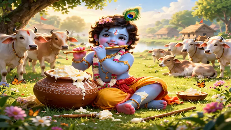 krishna childhood vrindavan makhan chor butter flute cows