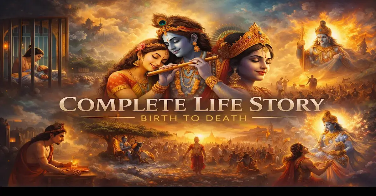 Lord Krishna life story in Hindi – complete journey from birth to death with Radha and Mahabharata scenes
